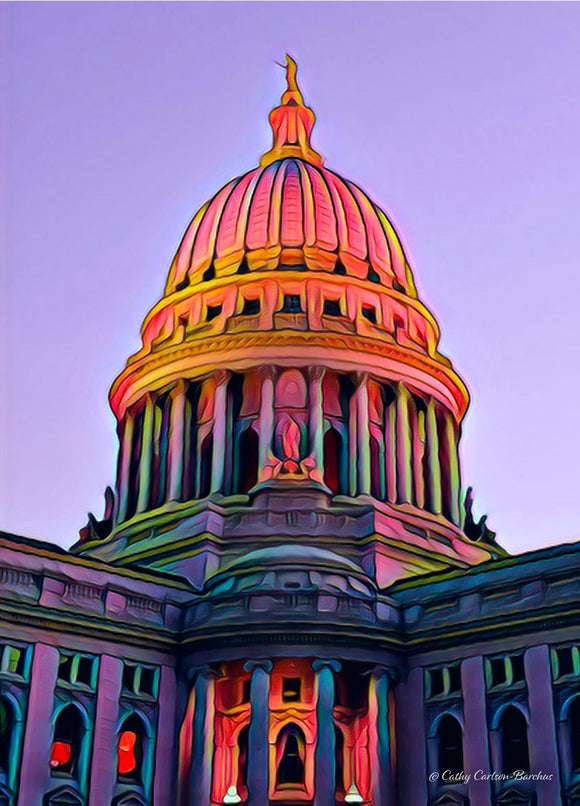 Capitol Building in Madison, Wisconsin at dusk.  The photograph is stylized and has purple hues.
